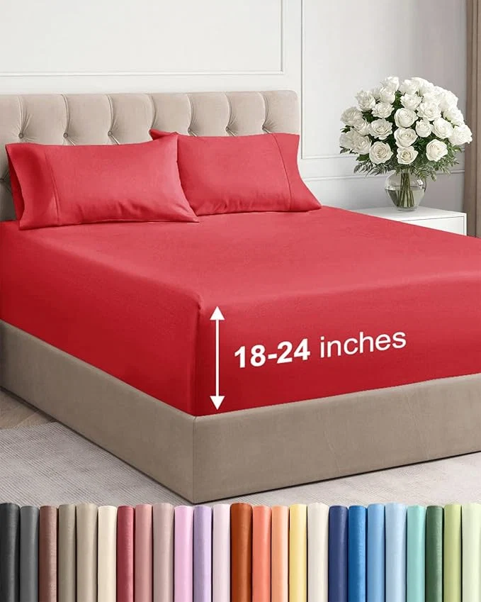 Fine Extra Deep Twin XL Sheet Set – 4 Piece Breathable and Cooling Sheets – Hotel Luxury Bedding for Women Men Kids amp Teens – Easy amp Secure Fit – Soft Wrinkle and Comfy – Extra Deep Pockets – Red