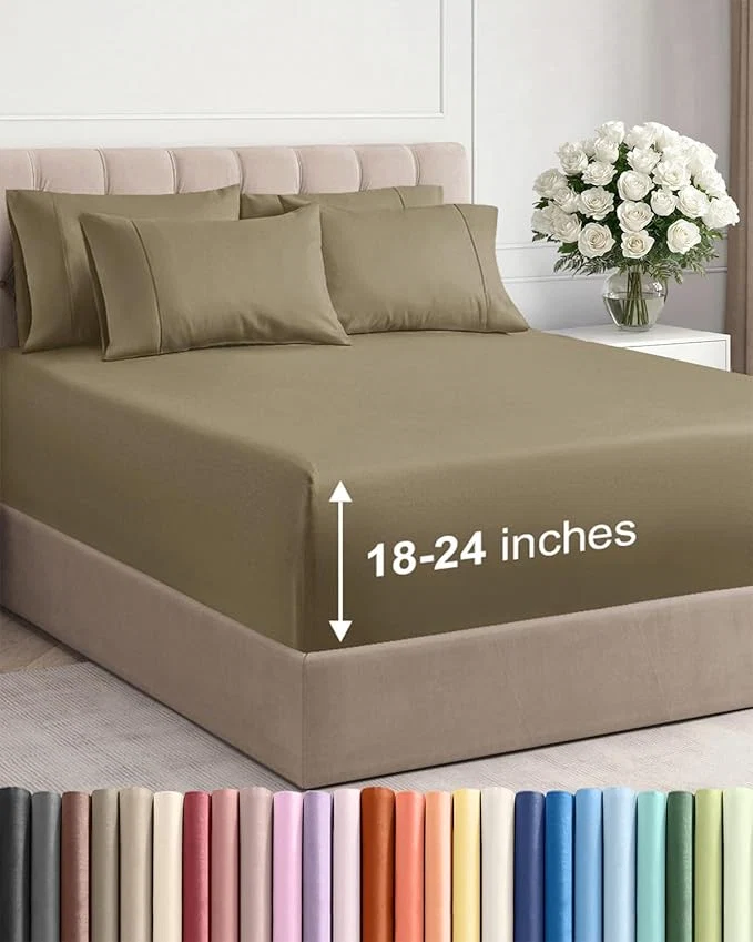 Fast Extra Deep King Sheet Set – 6 Piece Breathable and Cooling Sheets – Hotel Luxury Bedding for Women Men Kids amp Teens – Easy amp Secure Fit – Soft Wrinkle and Comfy – Extra Deep Pockets – Khaki Crafted