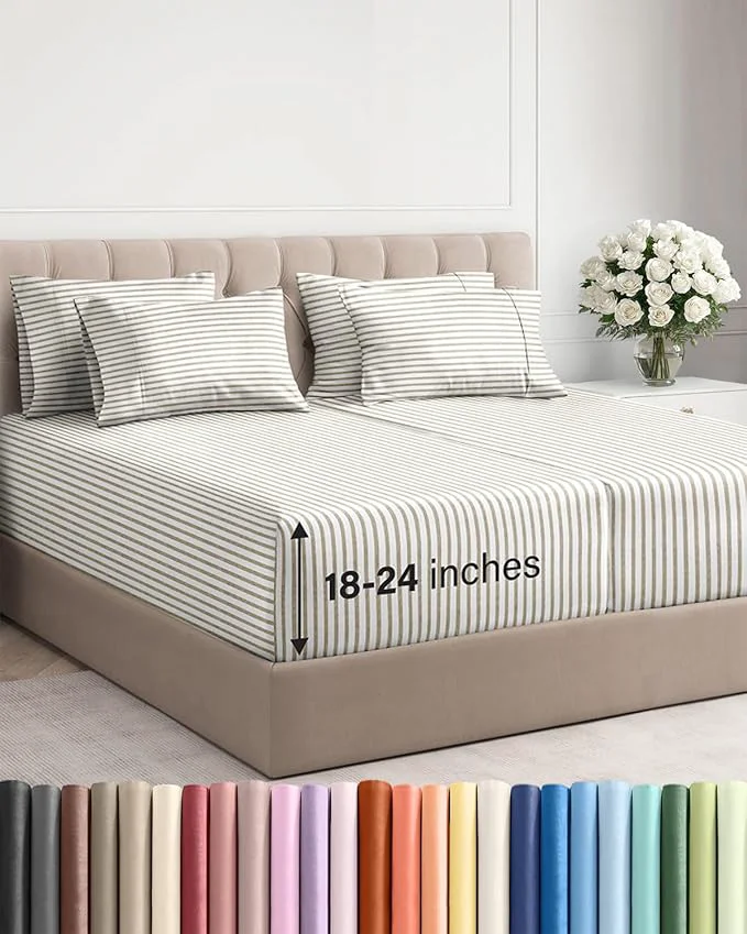 Solid Extra Deep Split King Sheet Set – 7 Piece Breathable and Cooling Sheets – Hotel Luxury Bedding for Women Men Kids amp Teens – Secure Fit – Soft and Wrinkle – Extra Deep Pockets – Beige Stripes Reusable