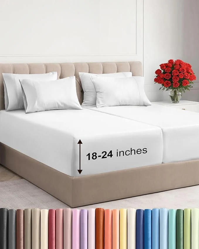 Fine Extra Deep Split King Sheet Set – 7 Piece Breathable and Cooling Sheets – Hotel Luxury Bedding for Women Men Kids amp Teens – Easy Secure Fit – Soft Wrinkle amp Comfy – Extra Deep Pockets – White Long-Lasting