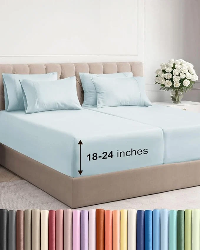 Extra Deep Split King Sheet Set – 7 Piece Breathable and Cooling Sheets – Hotel Luxury Bedding for Women Men Kids amp Teens – Easy amp Secure Fit – Soft and Wrinkle – Extra Deep Pockets – Ice Blue Premium
