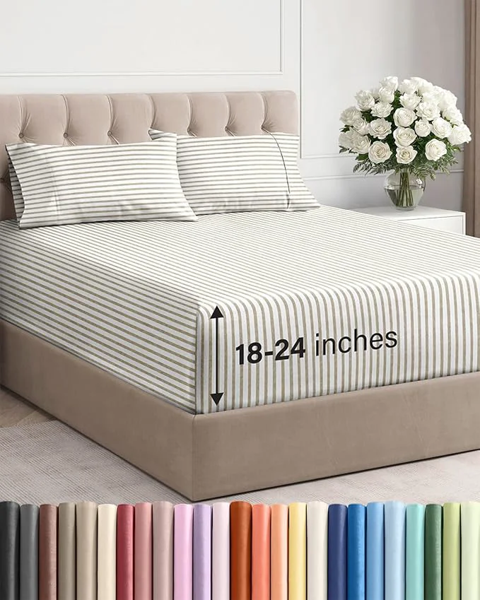 Refined Extra Deep Twin Sheet Set – 4 Piece Breathable and Cooling Sheets – Hotel Luxury Bedding for Women Men Kids amp Teens – Easy Secure Fit – Soft and Wrinkle with Extra Deep Pockets – Beige Stripes Quality