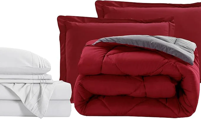 Casual Elegant Comfort 7-Piece Bed-in-a-Bag Comforter amp Sheet Set – Luxury 1500 Thread Count Split King Size Cozy Sheets and Comforter Wrinkle and Stain Resistant Red Gray Easy-to-Use
