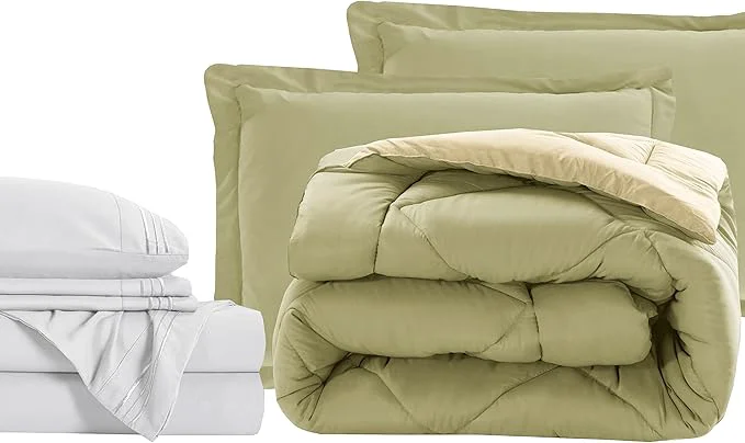 Relaxed Elegant Comfort 7-Piece Bed-in-a-Bag – Luxury 1500 Thread Count Queen Size Super Cozy Sheets amp Comforter Set Wrinkle amp Stain Resistant Sage Cream Solid