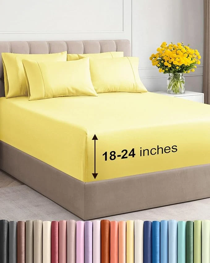 Genuine Extra Deep King Sheet Set – 6 Piece Breathable and Cooling Sheets – Hotel Luxury Bedding for Women Men Kids amp Teens – Easy amp Secure Fit – Soft Wrinkle and Comfy – Extra Deep Pockets – Yellow Classic
