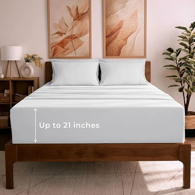Solid Mellanni King Sheet Set – 6-Piece Iconic Collection Bedding Including 4 Pillowcases 21-Inch Extra Deep Pocket Easy Care Ultra Soft Cooling Sheets Brushed Microfiber – White Minimalist