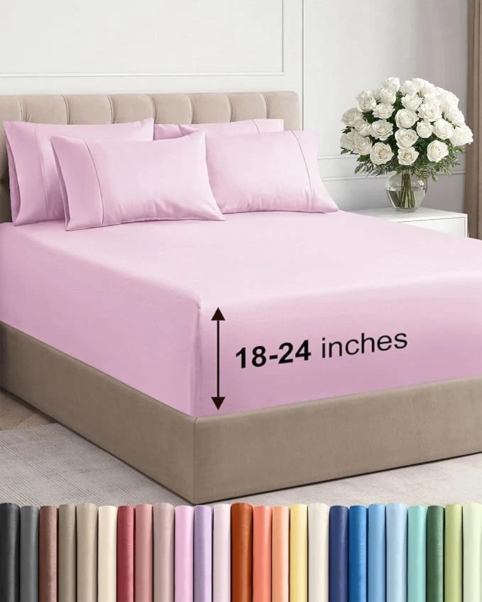 Top-Quality Extra Deep Cal King Sheet Set – 6 Piece Breathable and Cooling Sheets – Hotel Luxury Bedding for Women Men Kids amp Teens – Easy amp Secure Fit – Soft and Wrinkle – Extra Deep Pockets – Light Pink Green