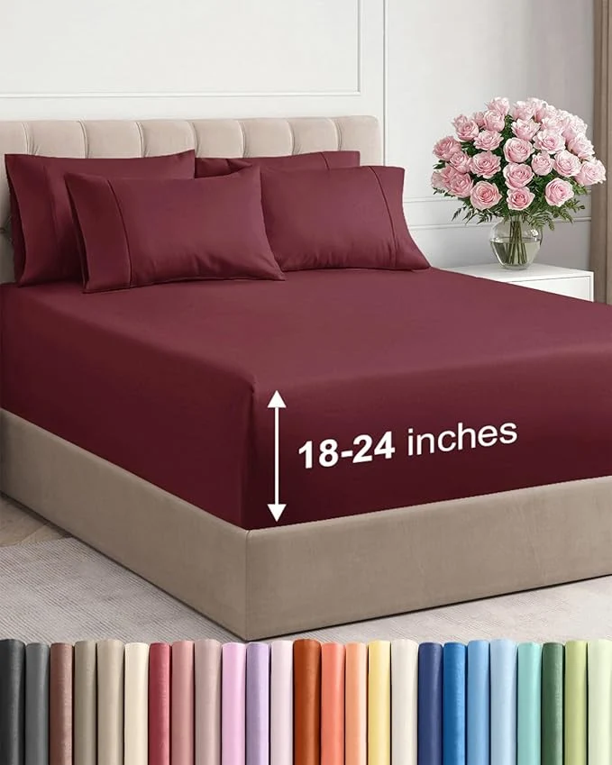 Premium Extra Deep Full Sheet Set – 6 Piece Breathable and Cooling Sheets – Hotel Luxury Bedding for Women Men Kids amp Teens – Easy amp Secure Fit – Soft Wrinkle and Comfy – Extra Deep Pockets – Burgundy Consistent