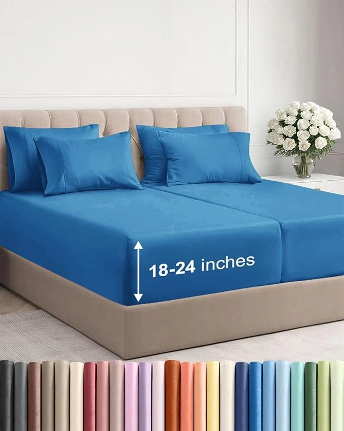 Practical Extra Deep Split King Sheet Set – 7 Piece Breathable and Cooling Sheets – Hotel Luxury Bedding for Women Men Kids amp Teens – Easy Secure Fit – Soft amp Wrinkle – Extra Deep Pockets – Denim Blue High-Grade