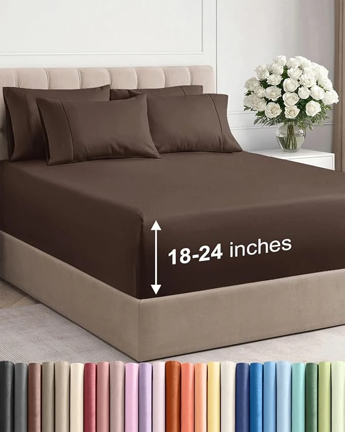 Durable Extra Deep Queen Sheet Set – 6 Piece Breathable and Cooling Sheets – Hotel Luxury Bedding for Women Men Kids amp Teens – Easy amp Secure Fit – Soft Wrinkle and Comfy – Extra Deep Pockets – Brown Functional