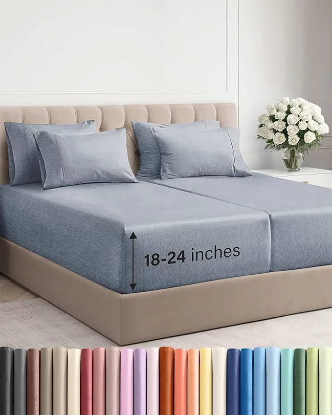Prestigious Extra Deep Split King Sheet Set – 7 Piece Breathable and Cooling Sheets – Hotel Luxury Bedding for Women Men Kids amp Teens – Secure Fit – Soft and Wrinkle – Extra Deep Pockets – Heathered Blue Dependable