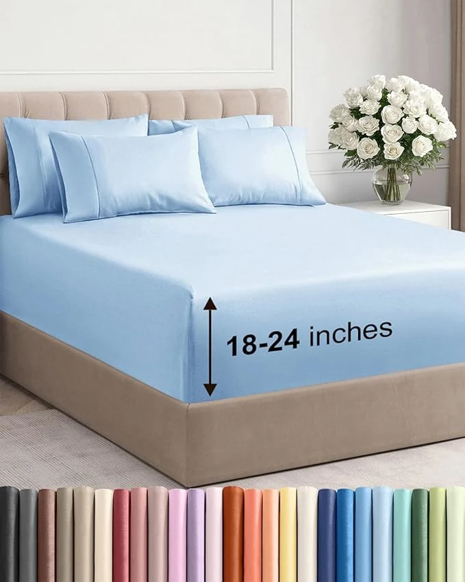 Extra Deep King Sheet Set – 6 Piece Breathable and Cooling Sheets – Hotel Luxury Bedding for Women Men Kids amp Teens – Easy amp Secure Fit – Soft Wrinkle amp Comfy – Extra Deep Pockets – Light Blue User-Friendly