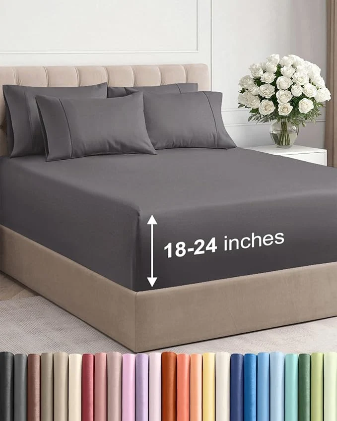 Refined Extra Deep Full Sheet Set – 6 Piece Breathable and Cooling Sheets – Hotel Luxury Bedding for Women Men Kids amp Teens – Easy amp Secure Fit – Soft Wrinkle and Comfy w Extra Deep Pockets – Grey High-Quality