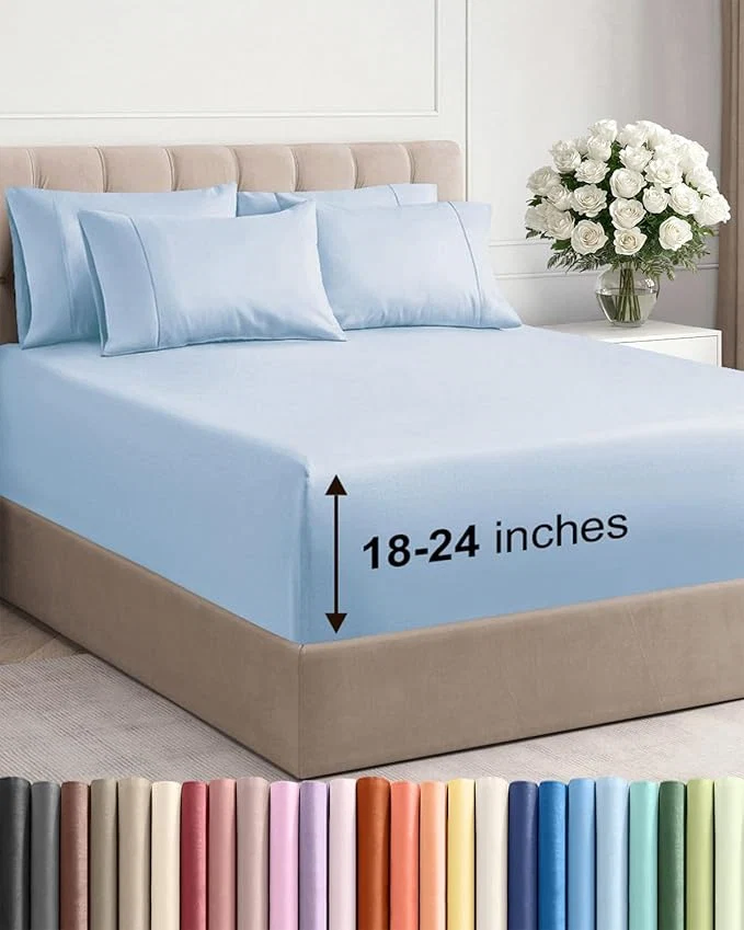 Exceptional Extra Deep Cal King Sheet Set – 6 Piece Breathable and Cooling Sheets – Hotel Luxury Bedding for Women Men Kids amp Teens – Easy amp Secure Fit – Soft and Wrinkle – Extra Deep Pockets – Sky Blue Easy-to-Use