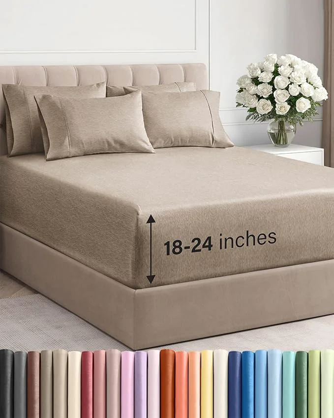 Contemporary Extra Deep Full Sheet Set – 6 Piece Breathable and Cooling Sheets – Hotel Luxury Bedding for Women Men Kids amp Teens – Easy Secure Fit – Soft and Wrinkle – Extra Deep Pockets – Heathered Beige Premium Material