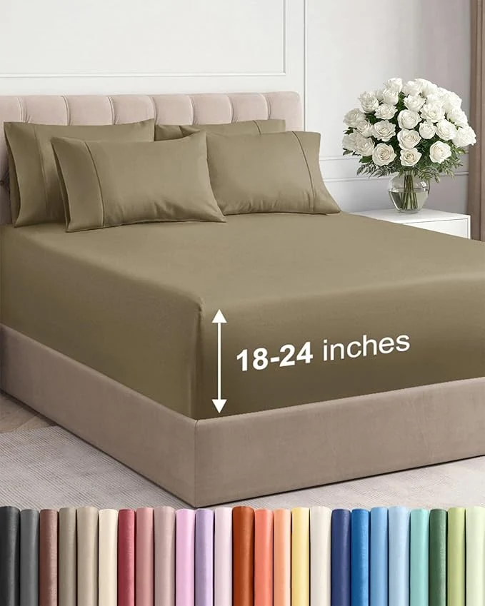 Specialty Extra Deep Queen Sheet Set – 6 Piece Breathable and Cooling Sheets – Hotel Luxury Bedding for Women Men Kids amp Teens – Easy amp Secure Fit – Soft Wrinkle and Comfy – Extra Deep Pockets – Khaki Flexible