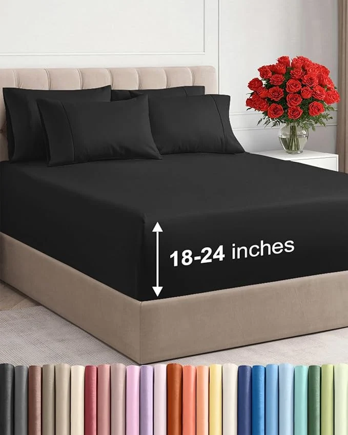 Relaxed Extra Deep King Sheet Set – 6 Piece Breathable and Cooling Sheets – Hotel Luxury Bedding for Women Men Kids amp Teens – Easy amp Secure Fit – Soft Wrinkle and Comfy – Extra Deep Pockets – Black Comfortable