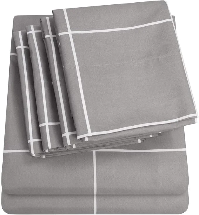 Safe King Size Bed Sheets – 6 Piece 1500 Supreme Collection Fine Brushed Microfiber Deep Pocket King Sheet Set Bedding – 2 Extra Pillow Cases Great Value King Window Pane Gray Clean