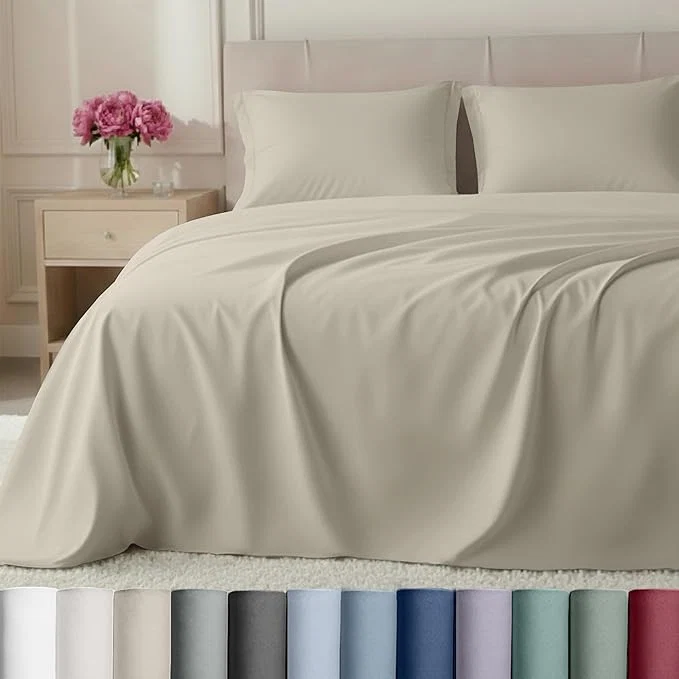 Relaxed California Design Den Split King Sheet Set – Luxury 800 Thread Count Cotton Sateen Bedding Set with Deep Pockets Sheets – Beige Elegant