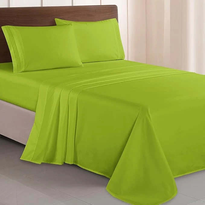 Top-Quality Elegant Comfort Luxurious 1500 Premium Hotel Quality Microfiber Three Line Embroidered Softest 4-Piece Bed Sheet Set Wrinkle and Fade Resistant Queen Lime Convenient