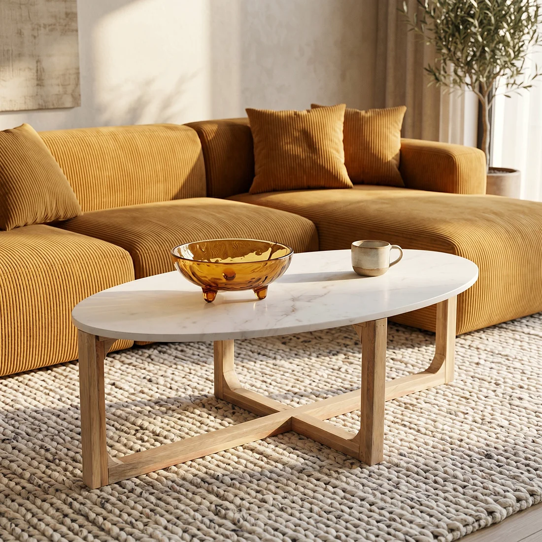 Flexible Marble coffee table oval white Enhanced