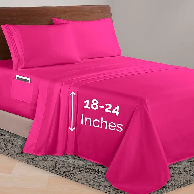 World-Class Elegant Comfort Luxurious 1500 Premium Hotel Quality Microfiber 4-Piece Sheet Set 18-24 Inches Deep – Extra Deep Pocket Sheets – Ultra Soft 4PC Deep Pocket Sheets King Hot Pink Dependable