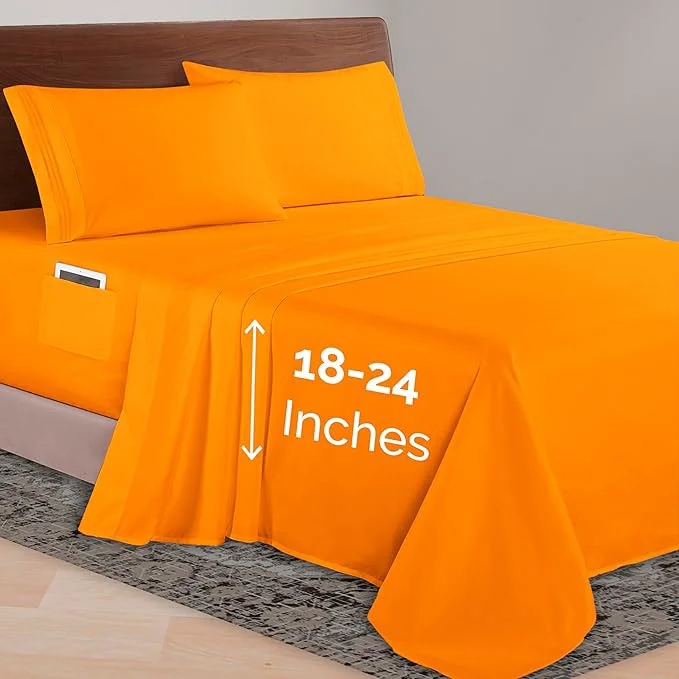 Solid Elegant Comfort Luxurious 1500 Premium Hotel Quality Microfiber 4-Piece Sheet Set 18-24 Inches Deep – Extra Deep Pocket Sheets – Ultra Soft 4PC Deep Pocket Sheets Twin Twin XL Orange Official