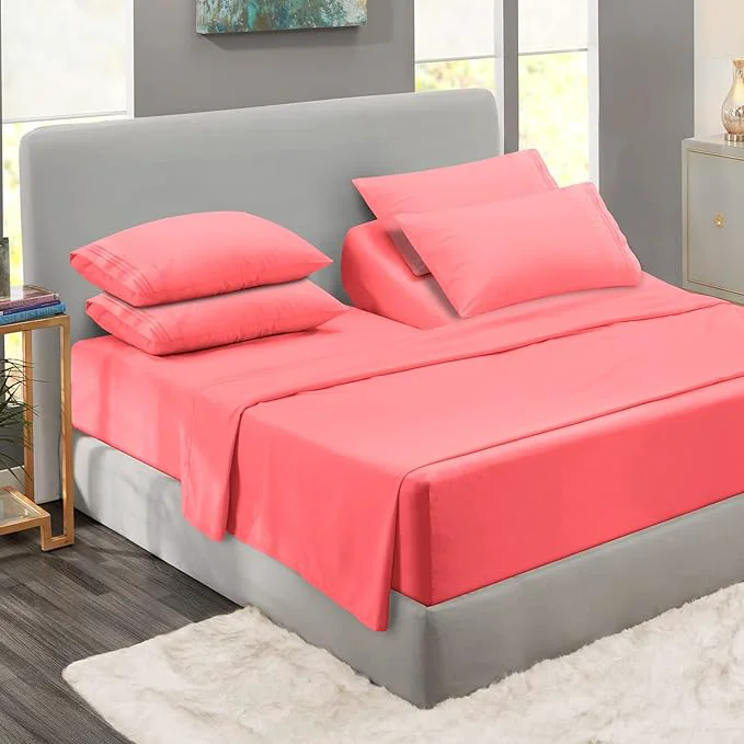 Advanced Clara Clark Flex Top King Sheets 6 Piece Set – Hotel Luxury Sheets for Top Split King Bed Super Soft Bedding Set Head Split King Coral Pink Prestigious