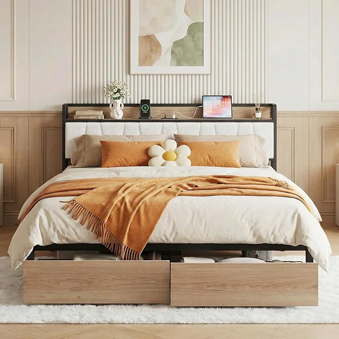 Powerful LIKIMIO California King Size Bed Frame Storage Headboard with Charging Station Platform Bed with Drawers No Box Spring Needed Easy Assembly Wood and Cream Original