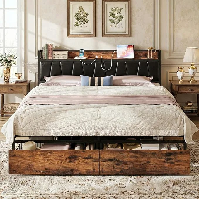 Breathable LIKIMIO King Size Bed Frame Storage Headboard with Charging Station Platform Bed with Drawers No Box Spring Needed Easy Assembly Vintage Brown and Black Refined