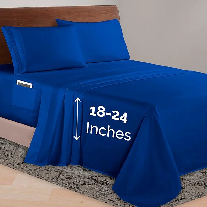 Easy-to-Use Elegant Comfort Luxurious 1500 Premium Hotel Quality Microfiber 4-Piece Sheet Set 18-24 Inches Deep – Extra Deep Pocket Sheets – Ultra Soft 4PC Deep Pocket Sheets California King Royal Blue Pure
