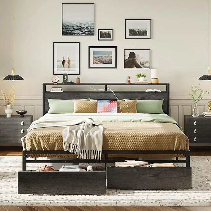 Elegant LIKIMIO California King Bed Frame with Storage Headboard Platform Bed with Drawers and Charging Station No Box Spring Needed Easy Assembly Charcoal Grey Certified
