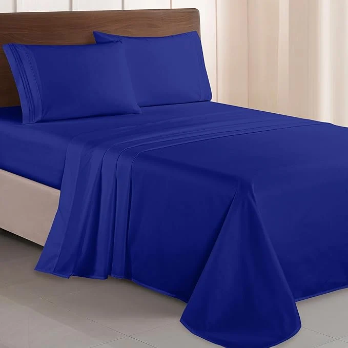 Artisan Elegant Comfort Luxurious 1500 Premium Hotel Quality Microfiber Three Line Embroidered Softest 4-Piece Bed Sheet Set Wrinkle and Fade Resistant Queen Royal Blue Reliable