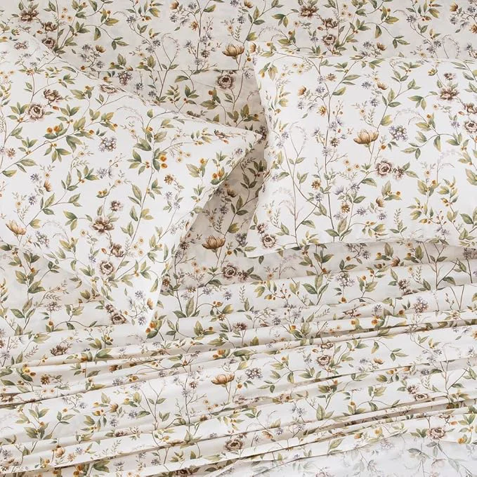 Flexible DAUAOTO Cotton Bedding Printed Sheets Set for Queen Size Bed Up to 14 quot Deep Mattress Farmhouse Pattern Bedlinen Sets Botanic Green High-Grade