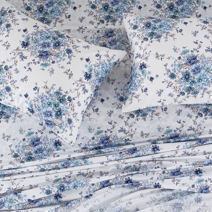 Relaxed DAUAOTO Full Size Printed Sheets Set Cotton Bedding Sets Up to 14 quot Deep Mattress Floral Pattern Bedlinen Set French Blue Original Design