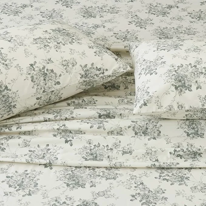 World-Class DAUAOTO Cotton Bedding Printed Sheets Set for Full Size Bed Up to 14 quot Deep Mattress Toile Rose Floral Pattern Bedlinen Sets Gray Comfortable