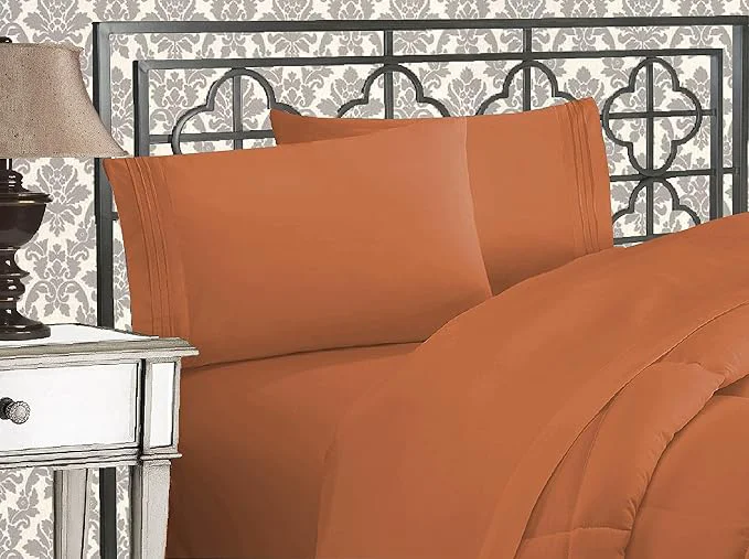 Elegant Comfort Luxurious 1500 Premium Hotel Quality Microfiber Three Line Embroidered Softest 4-Piece Bed Sheet Set Wrinkle and Fade Resistant California King Coral Solid