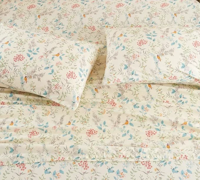Solid DAUAOTO Cotton Sheets Set California King Printed Bedding Sets Bird Botanical Pattern Bedlinen for Cal King Bed Up to 14 quot Deep Mattress Cream Convenient