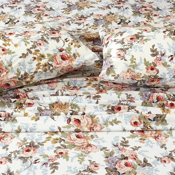 Superior DAUAOTO Cotton Bedding Printed Sheets Set for Queen Size Bed Up to 14 quot Deep Mattress Classic Vintage Flower Pattern Bedlinen Sets Rose Floral High-Quality