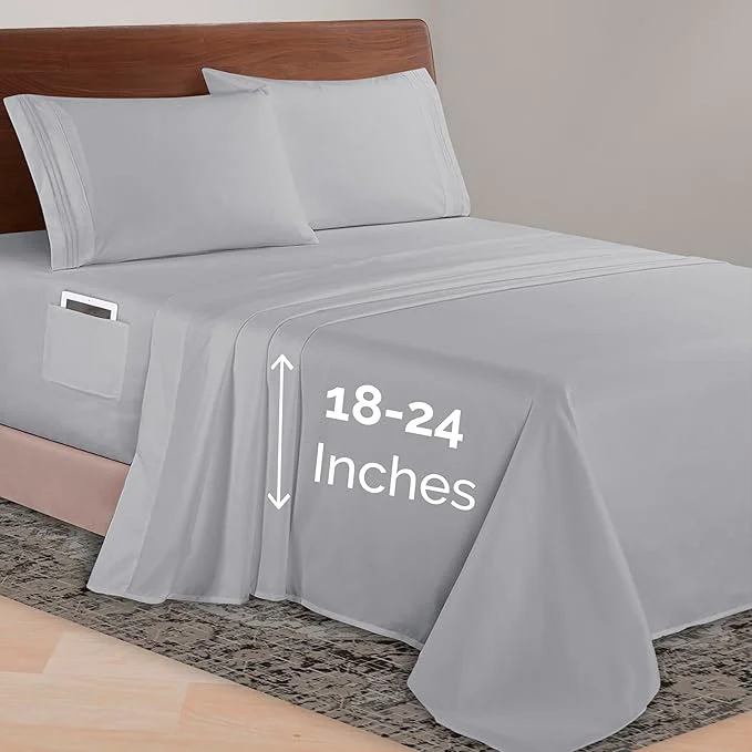 Fine Elegant Comfort Luxurious 1500 Premium Hotel Quality Microfiber 4-Piece Sheet Set 18-24 Inches Deep – Extra Deep Pocket Sheets – Ultra Soft 4PC Deep Pocket Sheets Twin Twin XL Silver Gray Original Design