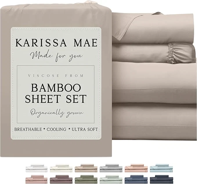 Premium Material KARISSA MAE Cooling Bamboo Viscose Split King Sheet Set FSC 18 Deep Pocket Silky Soft amp Hypoallergenic with Organizer Band amp Elastic Corner Straps Dune Relaxed