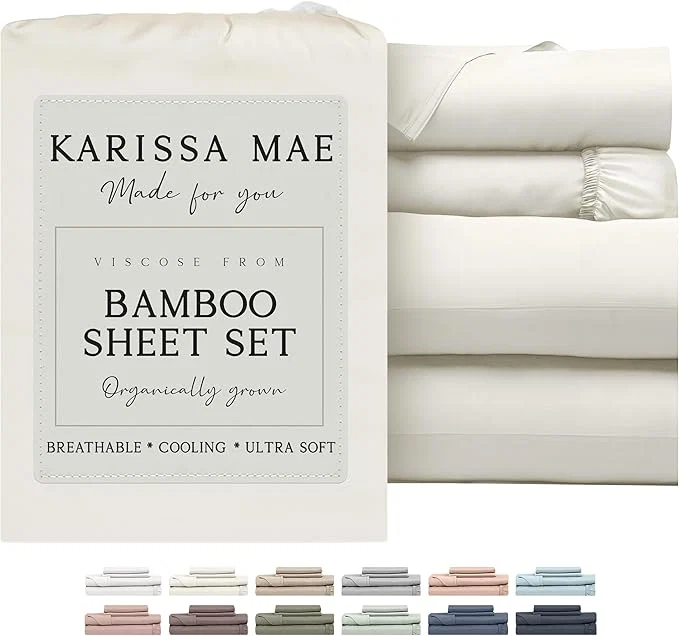 Versatile KARISSA MAE Cooling Bamboo Viscose 34 quot Split Top King Sheet Set FSC 18 Deep Pocket Silky Soft amp Hypoallergenic with Organizer Band amp Elastic Corner Straps Ivory Certified