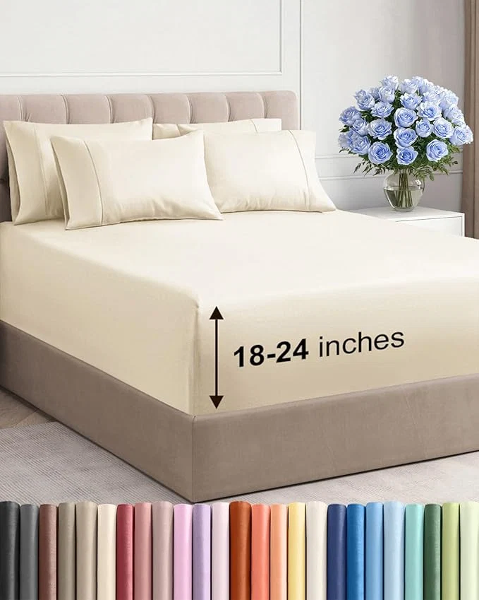 Extra Deep Cal King Sheet Set – 6 Piece Breathable and Cooling Sheets – Hotel Luxury Bedding for Women Men Kids amp Teens – Easy amp Secure Fit – Soft and Wrinkle – Extra Deep Pockets – Off White Carefully Designed
