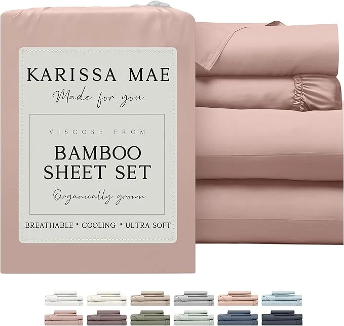 Convenient KARISSA MAE Cooling Bamboo Viscose 34 quot Split Top King Sheet Set FSC 18 Deep Pocket Silky Soft amp Hypoallergenic with Organizer Band amp Elastic Corner Straps Dusty Rose Premium Material
