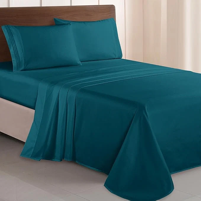 Professional Elegant Comfort Luxurious 1500 Premium Hotel Quality Microfiber Three Line Embroidered Softest 4-Piece Bed Sheet Set Wrinkle and Fade Resistant Twin Twin XL Marine Teal Modern