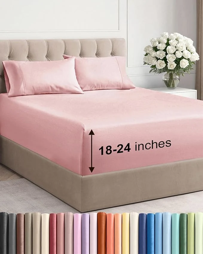 Smart Extra Deep Twin XL Sheet Set – 4 Piece Breathable and Cooling Sheets – Hotel Luxury Bedding for Women Men Kids amp Teens – Easy amp Secure Fit – Soft and Wrinkle – Extra Deep Pockets – Baby Pink High-End