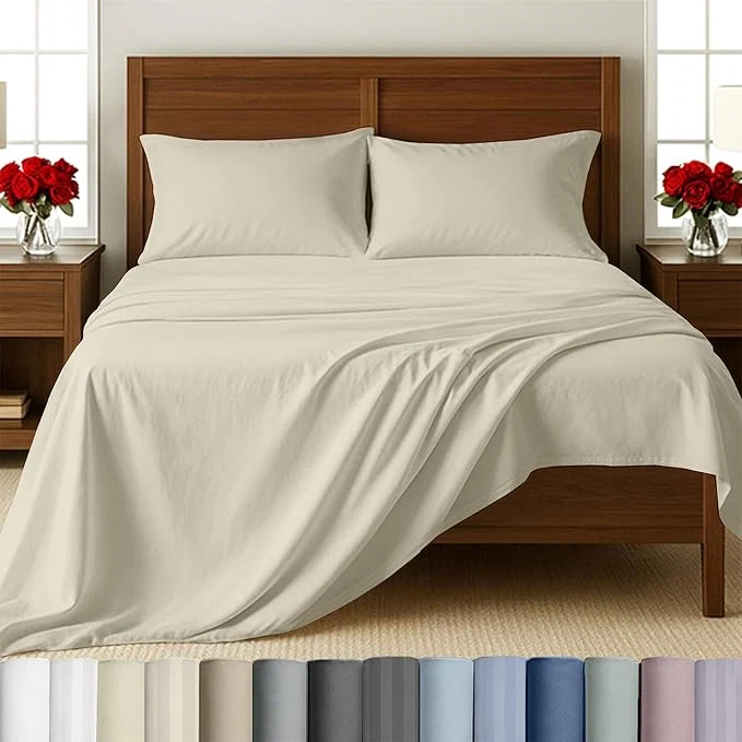 Solid California Design Den King Size Sheet Set – Cotton 500 Thread Count Sateen Deep Pocket Bed Sheets with Fitted Elastic Sheet Soft Luxury – Ivory Creamy Beige Tone Trendy