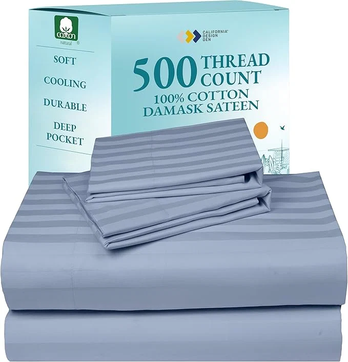 Prestigious California Design Den – Queen Sheets Set Cotton Soft Cotton Sheets Deep Pockets Snug Fit Elastic 500 Thread Count Sateen Damask Stripe Sheets for Bed – Light Blue – Striped Premium Material