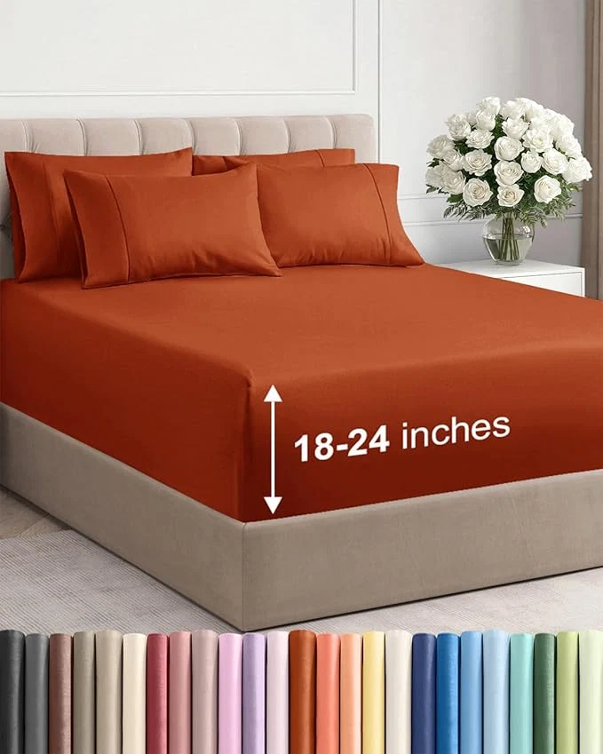Casual Extra Deep Queen Sheet Set – 6 Piece Breathable and Cooling Sheets – Hotel Luxury Bedding for Women Men Kids amp Teens – Easy Secure Fit – Soft Wrinkle amp Comfy – Extra Deep Pockets – Terracotta Crafted