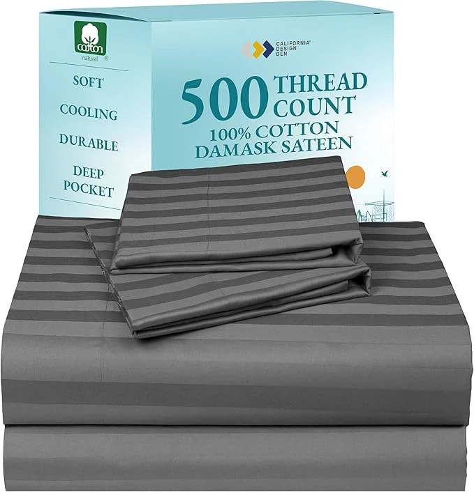 Pure California Design Den – Luxury Full Sheets Sets Cotton Soft Cotton Sheets Deep Pockets Snug Fit Elastic 500 Thread Count Sateen Damask Stripe Bed Sheets Stripe – Grey High-End